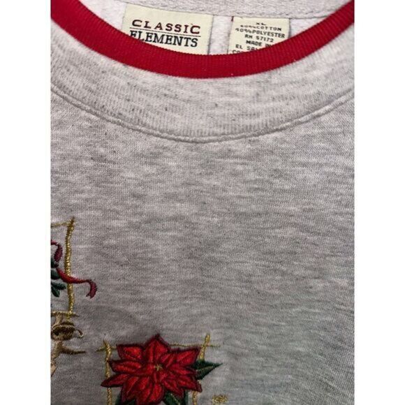 Vintage Classic Elements Gray Holiday Sweatshirt with Poinsettia Embroidery XL - Picture 3 of 4